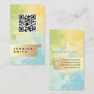 Cartão De Visita Elegante Dourado escovado   Código QR   Aquarela
