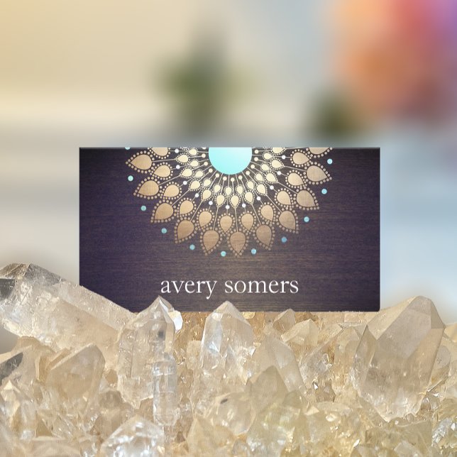 Cartão De Visita Elegante Dourado Lotus Mandala Wood Yoga Instrutor (Criador carregado)