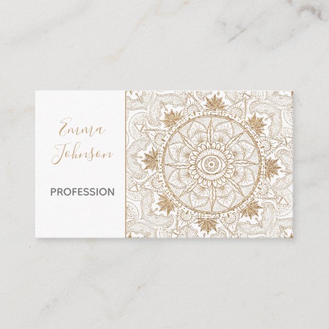 Cartão De Visita Elegante Dourado Olho Sol Lua Mandala Branco (Frente)