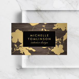 Cartão De Visita Elegante Dourado Padrão Floral Darno Wood Designe