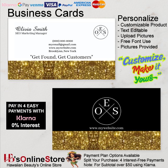 Cartão de Visita Elegante Dourado Preto 17 com Mod (Gold Black Elegant Business Card with Template 17.)