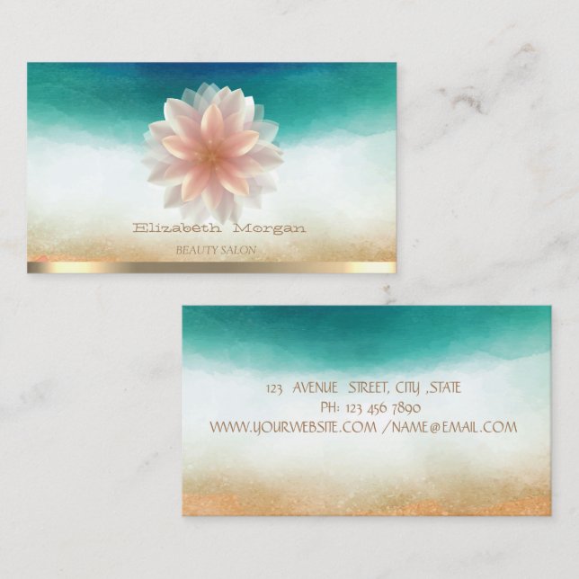 Cartão De Visita Elegante Dourado Stripe Lotus Beauty Salon Waterco (Frente/Verso)