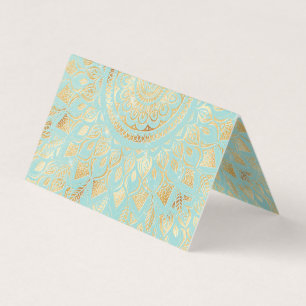 Cartão De Visita Elegante Dourado Teal Mandala Floral