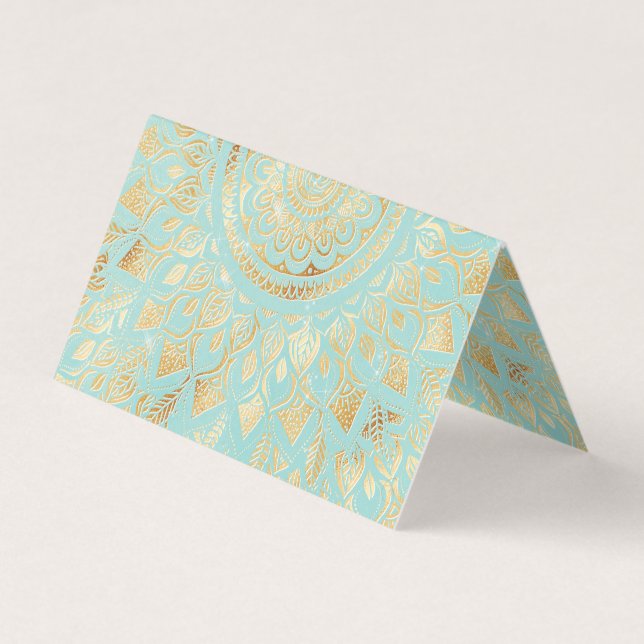 Cartão De Visita Elegante Dourado Teal Mandala Floral (Frente)