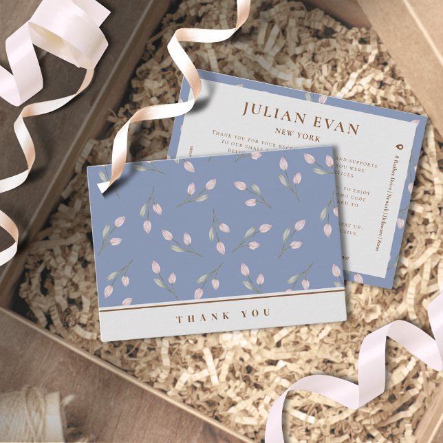 Cartão De Visita Elegante Dusty Blue Floral Obrigado (Elegant Dusty Blue Floral Thank You Card for Business)