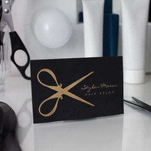 Cartão De Visita Elegante e Vintage Dourado Logotipo de Tesoura Sal