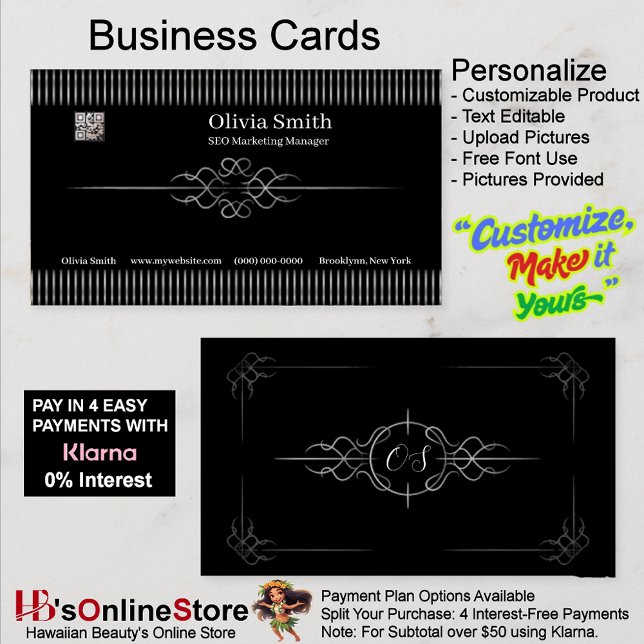 Cartão De Visita Elegante Elegante Editável Personalizável 2 (Customizable Editable Elegant Black Business Card 2.)