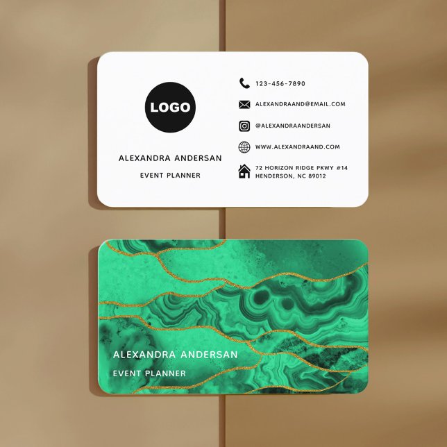 Cartão De Visita Elegante Emerald Green Modern Agate Glitter (Chic Emerald Green Gold Glitter Marble Agate Business Card)