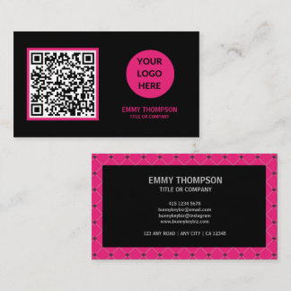 Cartão De Visita Elegante Empresa de QR Scan Rosa Magenta Preto