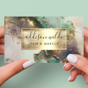 Cartão De Visita Elegante Esmeralda Roxo E Dourado Mármore Aquarela