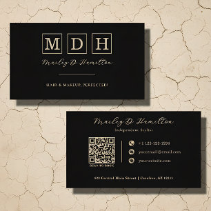 Cartão De Visita Elegante Estilista de Cabelo QR Code Preto Dourado