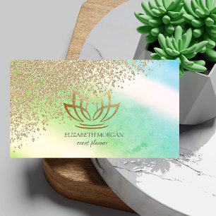 Cartão De Visita Elegante Estiloso Ouro Diamantes Lótus Ombre Verde