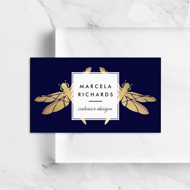Cartão De Visita Elegante Faux Dourada Dragonfly Duo em Marinho Esc (Criador carregado)