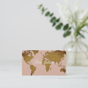 Cartão De Visita Elegante Faux Dourado World Map Dusty Rosa