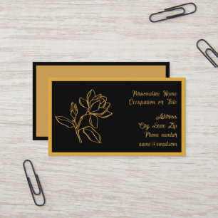 Cartão De Visita Elegante Flor de Magnólia Dourada Fundo Preto Chic