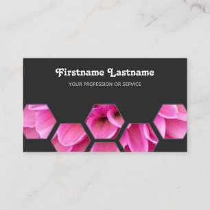 Cartão De Visita Elegante floração mínima rosa em hexágonos de cinz