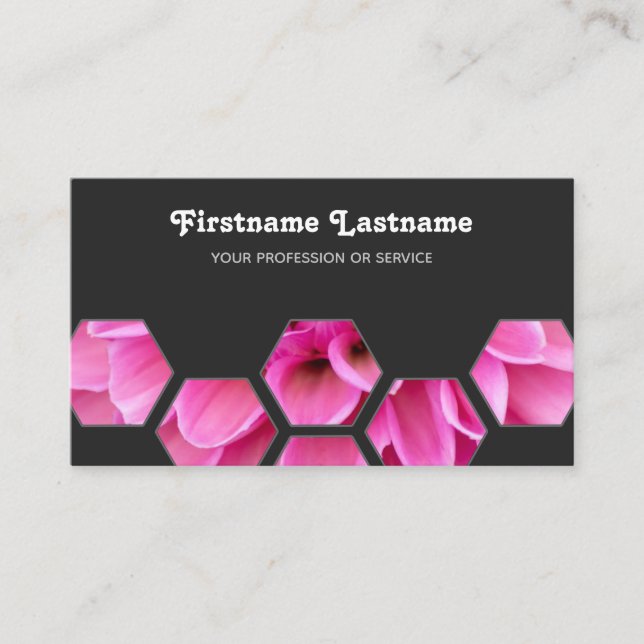 Cartão De Visita Elegante floração mínima rosa em hexágonos de cinz (Frente)