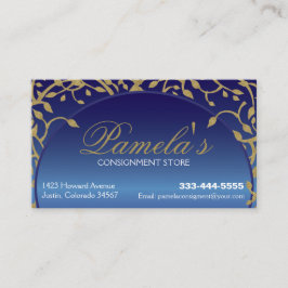 Cartão de Visita Elegante Floral Azul e Dourado