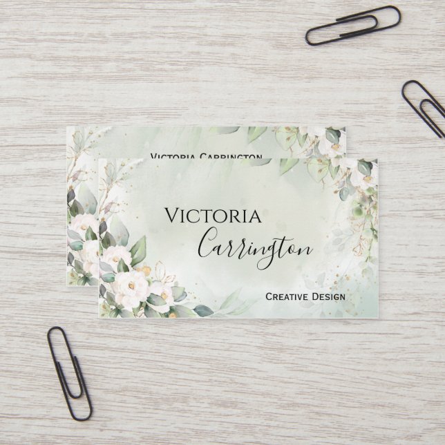 Cartão De Visita Elegante Floral Dourado Green Script Professional (Frente/Verso In Situ)