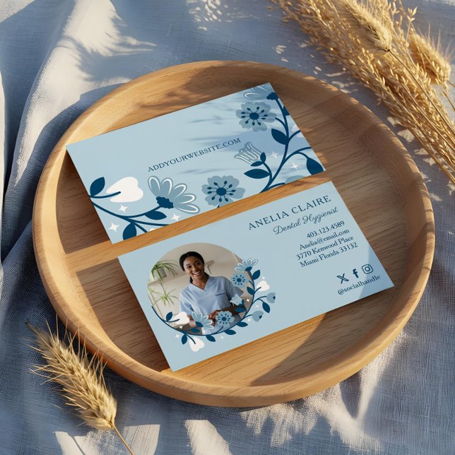 Cartão De Visita Elegante Floral Florido Foto de Higienista Dental (Elegant Floral Blooming Dental Hygienist Photo Business Card)