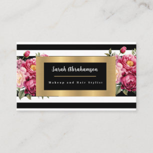 Cartão De Visita Elegante Floral Listrado Preto e Branco