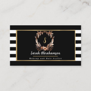 Cartão De Visita Elegante Floral Listrado Preto e Branco