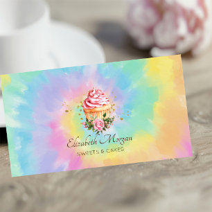 Cartão De Visita Elegante Floral Moderno Cupcake Tie Dye Padaria