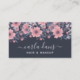 Cartão De Visita Elegante Floral Rosa Azul-Marinho Aquarela Empresa