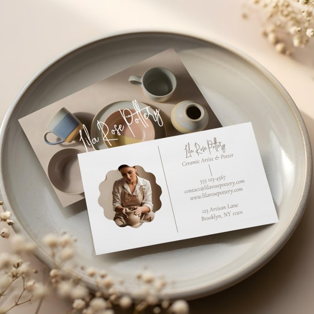 Cartão De Visita Elegante Foto de Peças de Cerâmica Modernas e Mini (Elegant Minimal Modern hand Made Pottery Photo Business Card)