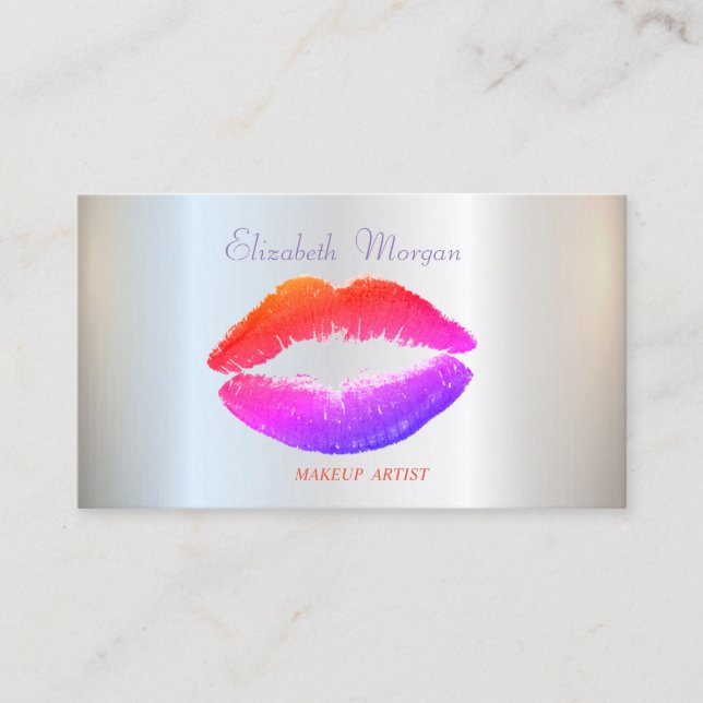 Cartão De Visita Elegante Glamouroso Brilhante, Prateado, Lábios (Frente)