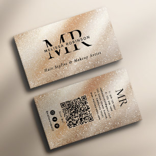 Cartão De Visita Elegante Glitter Bege Creme Monograma e Código QR