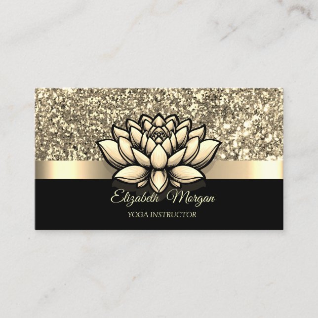 Cartão De Visita Elegante Glitter Dourado Lotus Flower Yoga Instrut (Frente)