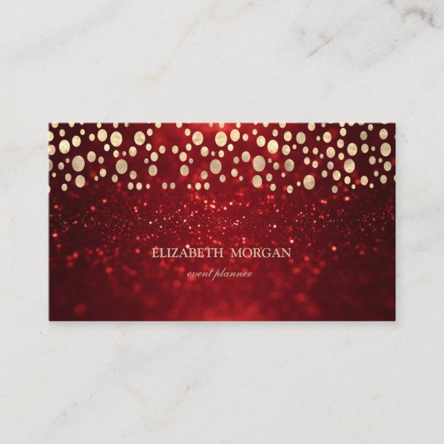 Cartão De Visita Elegante Glitter Vermelho Elegante Bokeh Dourado C (Frente)