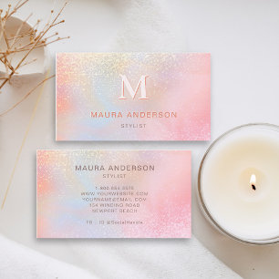 Cartão De Visita Elegante Holográfico Blush Rosa Moderno Monograma 