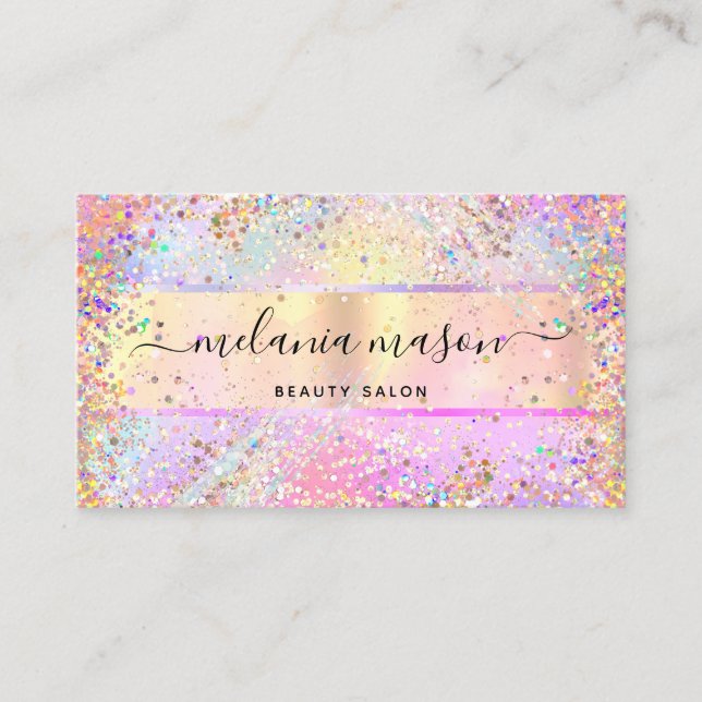 Cartão De Visita Elegante Holográfico Unicorn Confetti Glitter Dour (Frente)