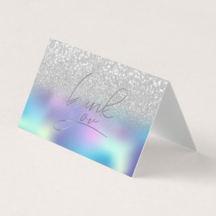 Cartão De Visita Elegante Holographic Silver Bokeh Obrigado