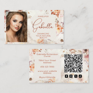 Cartão De Visita Elegante Ícone Social Floral Código QR Foto Maquia