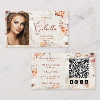Cartão De Visita Elegante Ícone Social Floral Código QR Foto Maquia