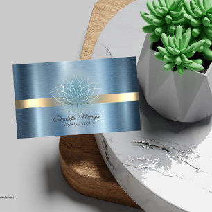 Cartão De Visita Elegante Instrutora de Yoga Lotus Azul Metálico