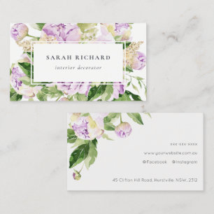 Cartão De Visita Elegante Limpo Peônia Floral em Aquarela Roxa Verd