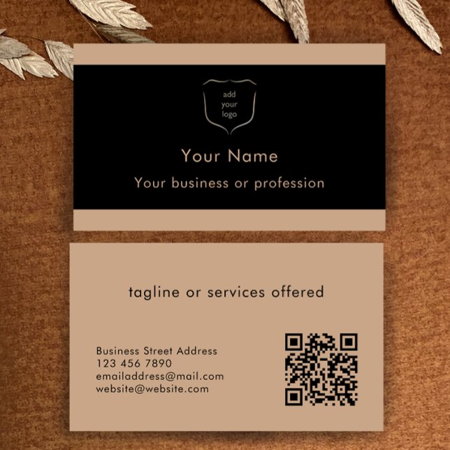 Cartão De Visita Elegante Logotipo Preto e Bege Código QR Profissio (Custom elegant modern black and tan professional business card templates. Add logo and QR code.
)