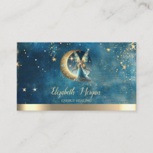 Cartão De Visita Elegante Lua Dourada Fada Estrelas Aquarela Azul