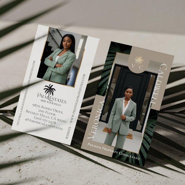 Cartão De Visita Elegante Luxo Foto de Monograma de Palmeira Tropic (Elegant Luxury Tropical Palm Tree Monogram Photo Business Card)
