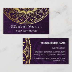 Cartão De Visita Elegante Mandala Floral Roxo e Dourado