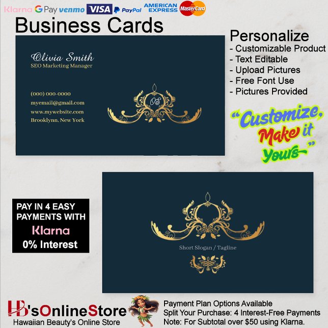 Cartão de Visita Elegante Marinho Personalizável 1 (Customizable Navy Elegant Business Card 15.)