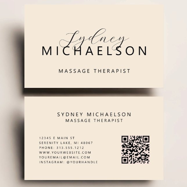 Cartão De Visita Elegante Massage Therapist QR Code Neutral Beige (Criador carregado)