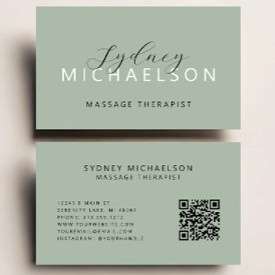 Cartão De Visita Elegante Massagem Terapista QR Code Sage Green