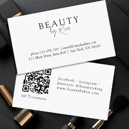 Cartão De Visita Elegante Mínimo Branco e Preto, Código QR de Salão