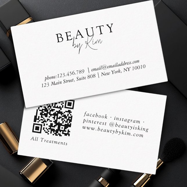 Cartão De Visita Elegante Mínimo Branco e Preto, Código QR de Salão (White & Black Minimal Elegant, Salon QR Code Business Card)
