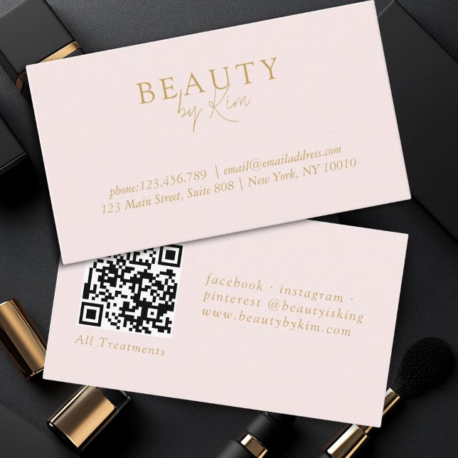 Cartão De Visita Elegante Mínimo Dourado de Rosa e Beige, Código QR (Pink & Beige-Gold Minimal Elegant, Salon QR Code Business Card)